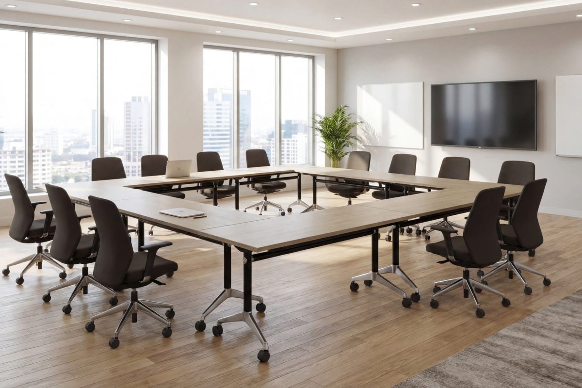 Modern conference room with tables, chairs, and a large TV screen.