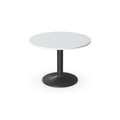 Round table with white top and black base on a white background