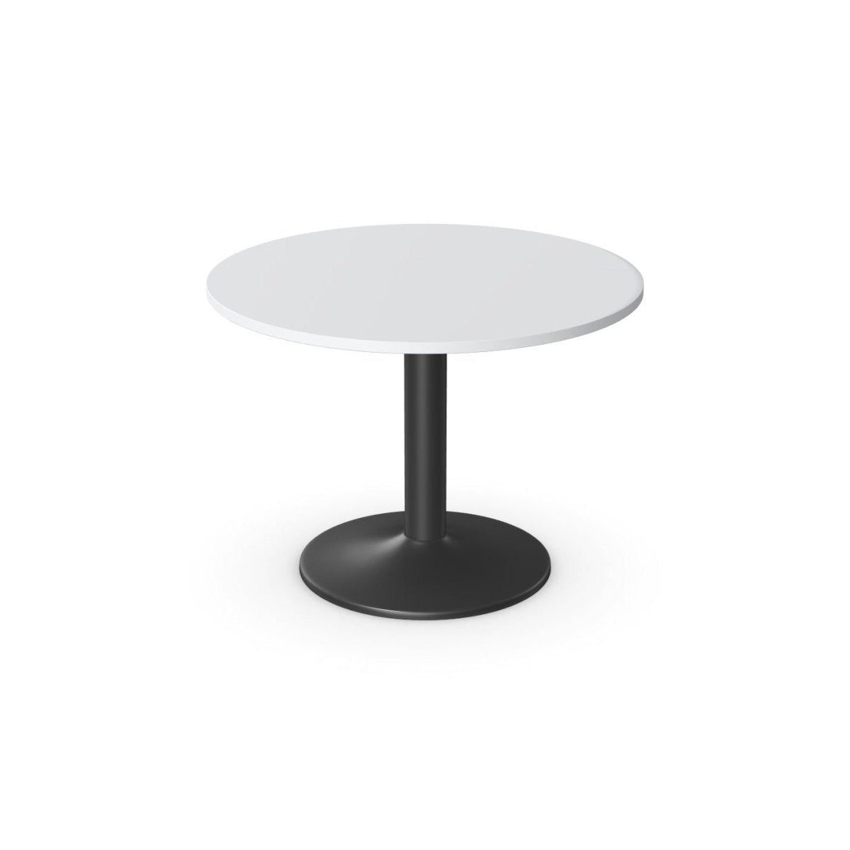 Round table with white top and black base on a white background