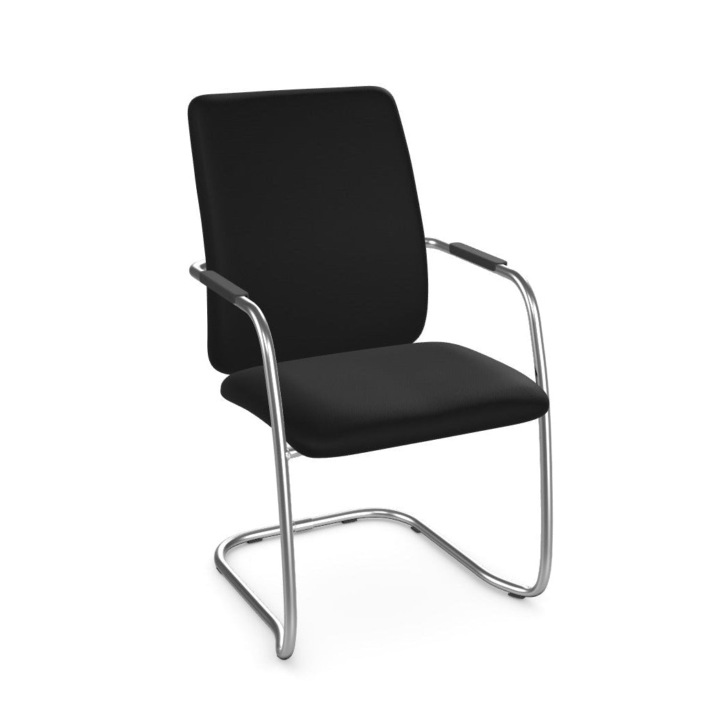 A modern black upholstered office chair with a cantilever chrome metal base and curved armrests, shown against a plain white background.