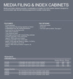 Technical specifications of media filing and index cabinets on a gray background