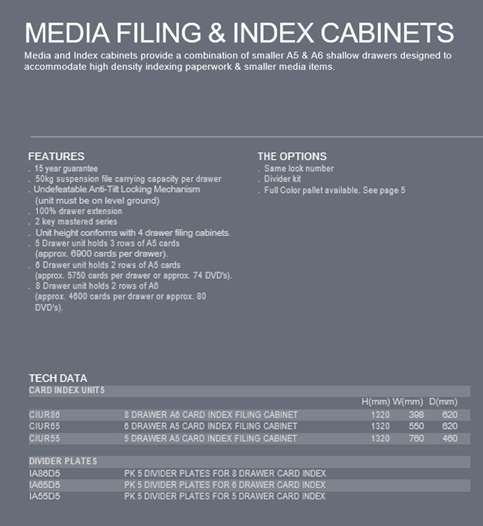 Technical specifications of media filing and index cabinets on a gray background