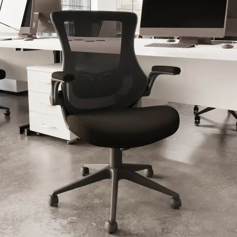 Black mesh back office chair with adjustable armrests