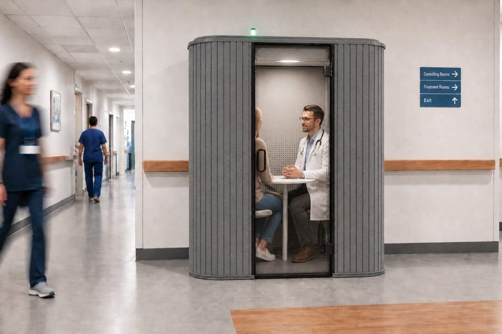 A gray medical privacy pod with a sliding door in a hospital hallway, showing a doctor and patient inside.