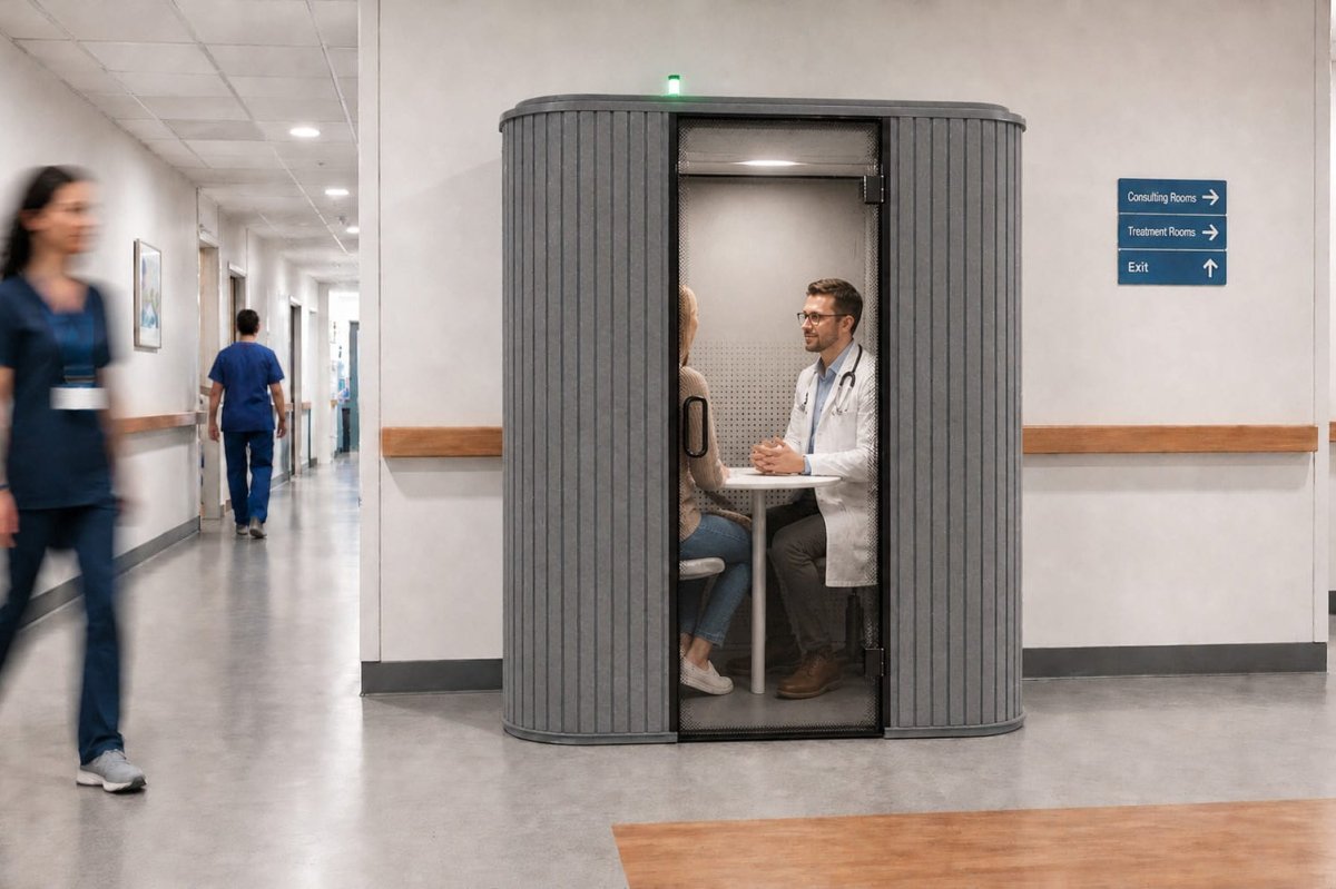 A gray medical privacy pod with a sliding door in a hospital hallway, showing a doctor and patient inside.
