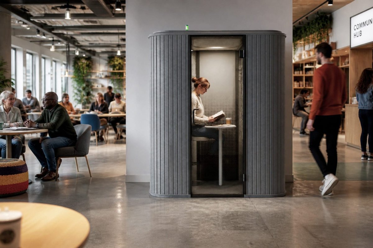 A modern gray ribbed privacy pod phone booth with a glass front door stands in a spacious, contemporary office or community space. A woman is seen sitting inside the pod reading, while people walk and sit around in the open, bright workspace area.