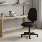 A black office task chair with a high back, padded seat, and five-star wheeled base, shown on a plain white background.