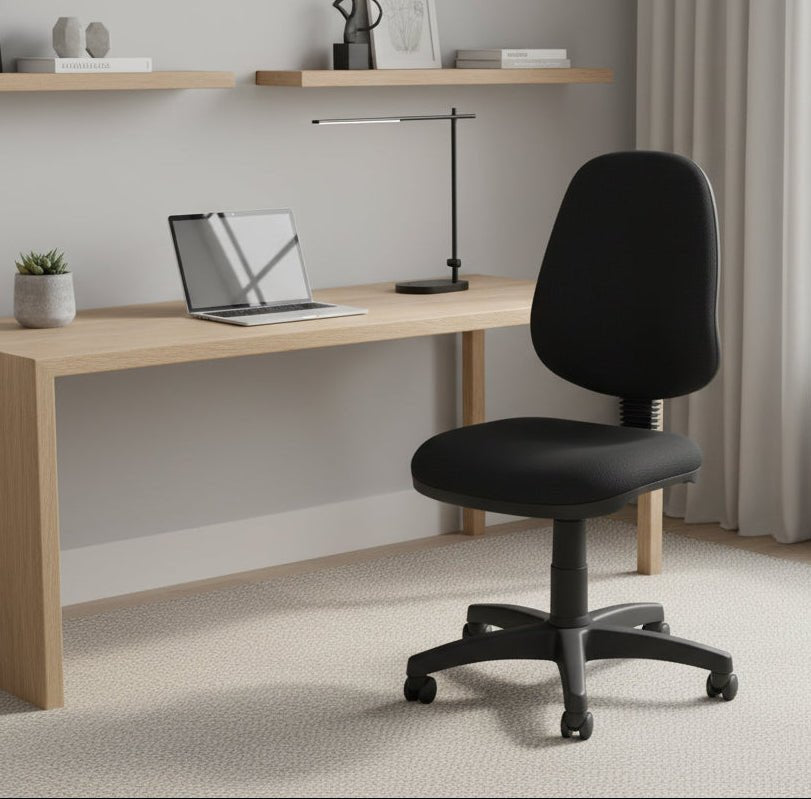 A black office task chair with a high back, padded seat, and five-star wheeled base, shown on a plain white background.