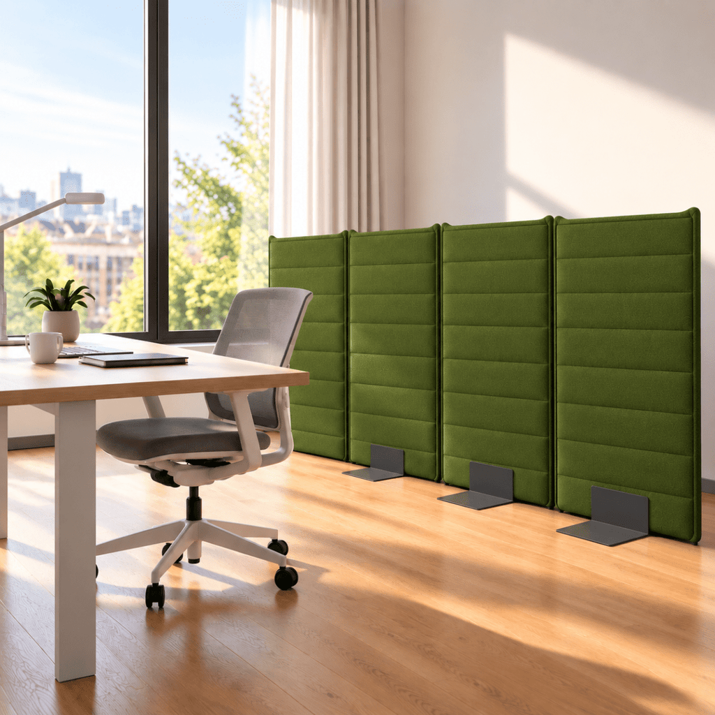 A set of four green upholstered office partition panels with dark metal feet, arranged in a modern office space next to a desk and chair.