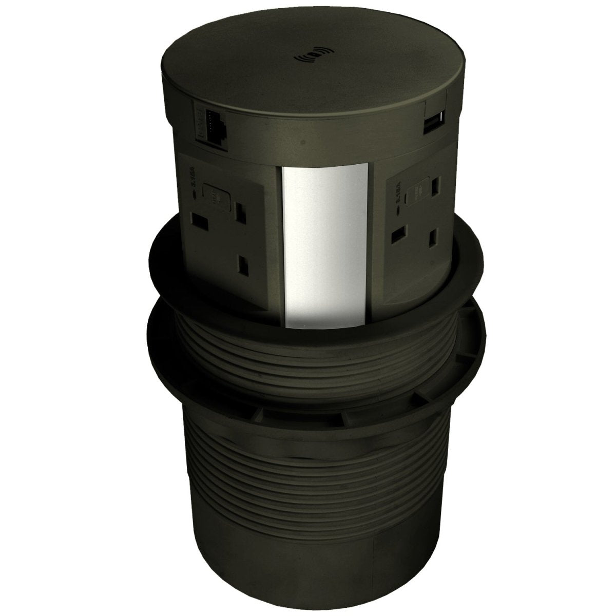 Round Pop Up charging points 4 x 3pin plug, 2 USB 1 x hdmi