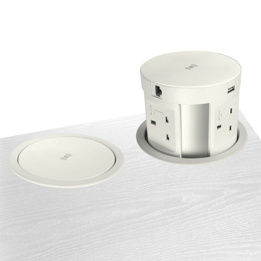 Round Pop Up charging points 4 x 3pin plug, 2 USB 1 x hdmi