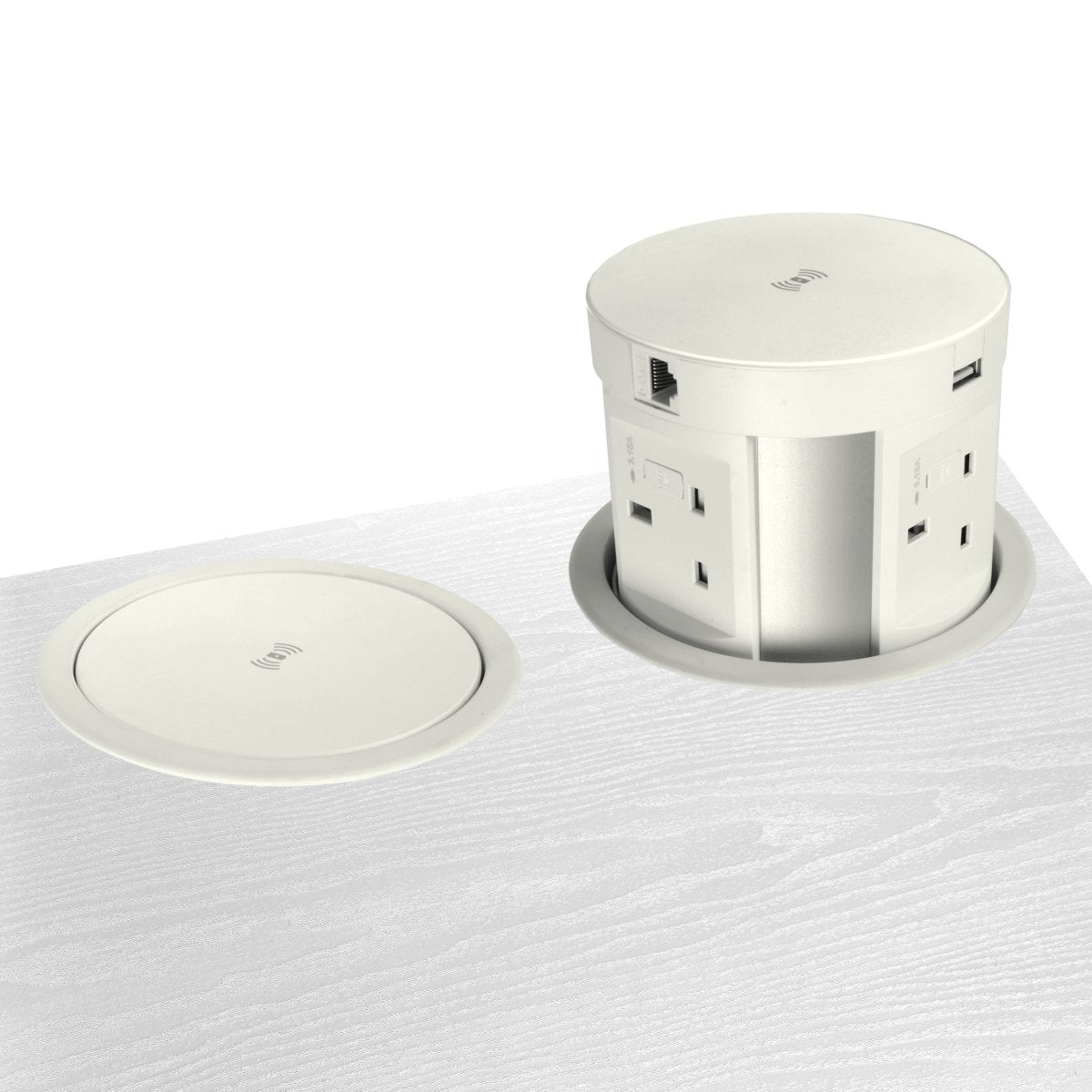 Round Pop Up charging points 4 x 3pin plug, 2 USB 1 x hdmi