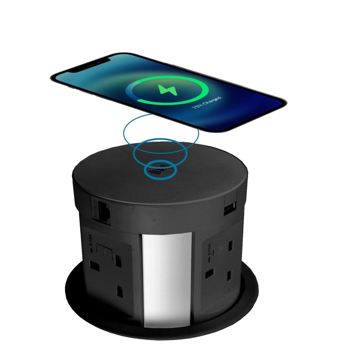 Round Pop Up charging points 4 x 3pin plug, 2 USB 1 x hdmi