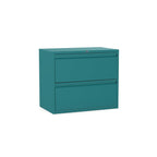 Teal two-drawer file cabinet on a white background