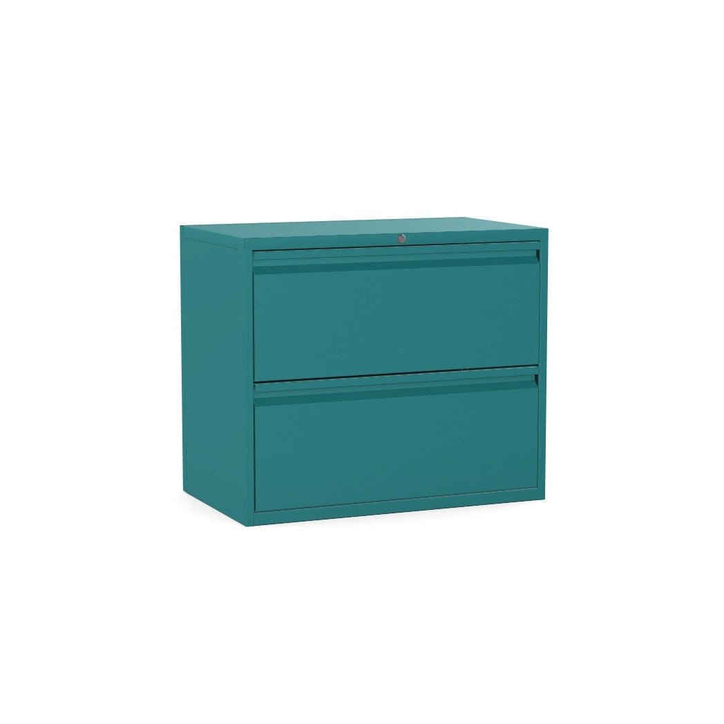 Teal two-drawer file cabinet on a white background