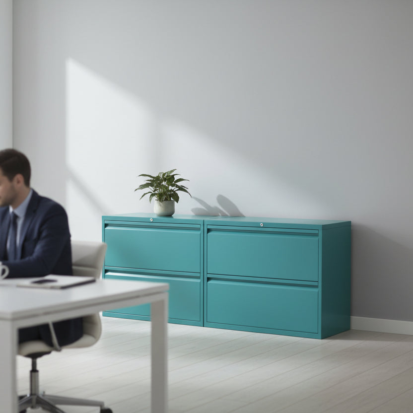 Teal two-drawer file cabinet on a white background