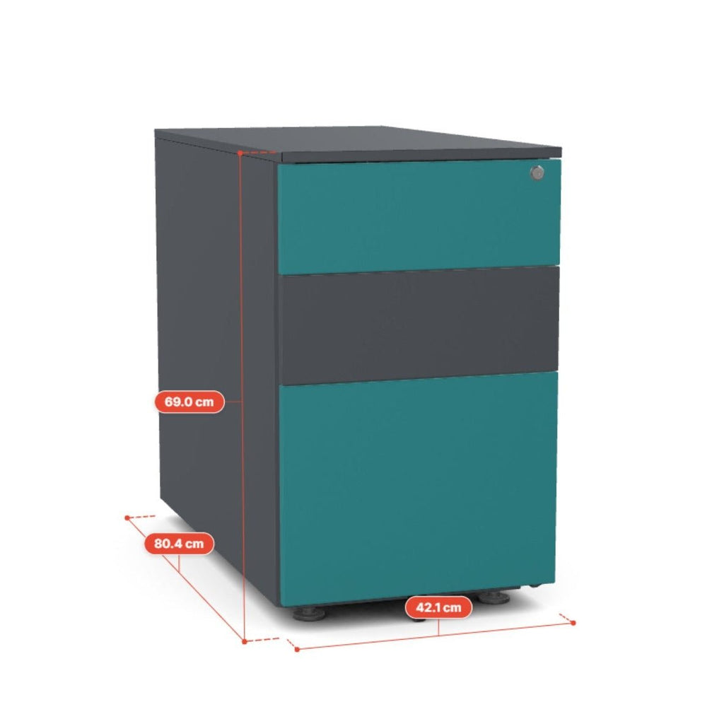 Two-toned cabinet with dimensions indicated on a white background
