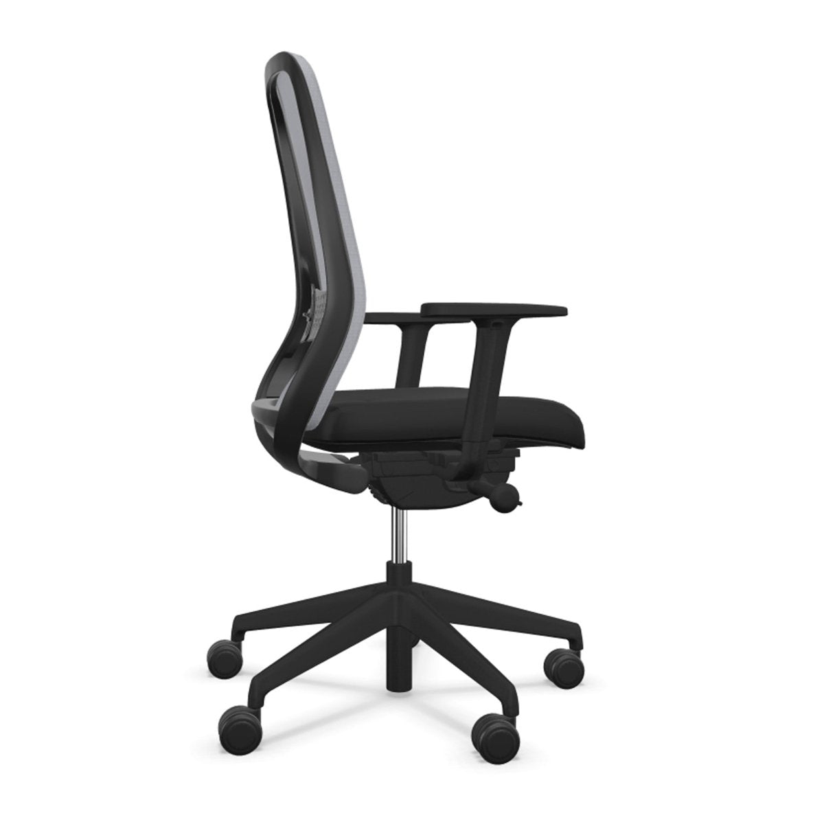 A modern black mesh office chair with a high backrest, adjustable armrests, and a five-star wheeled base, shown from a three-quarters angle on a white background.