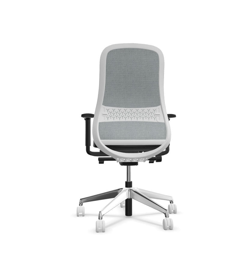 Gray office chair with mesh backrest on a white background