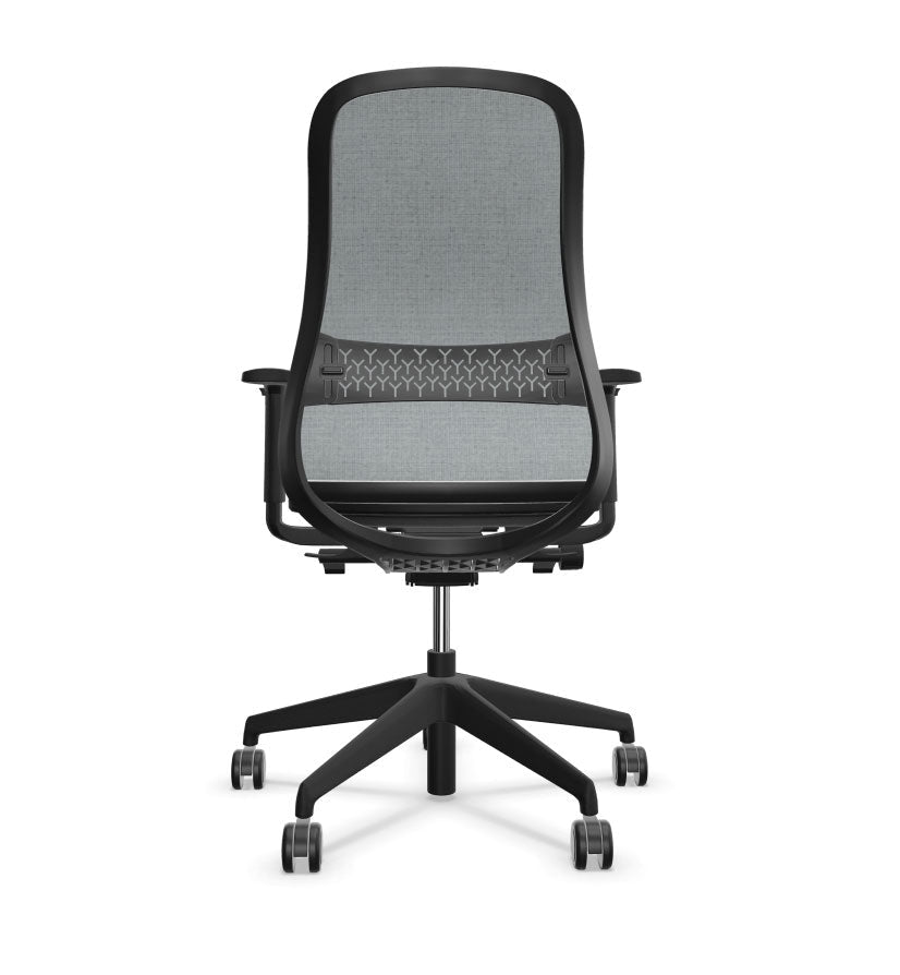Ergonomic office chair with mesh backrest on a white background