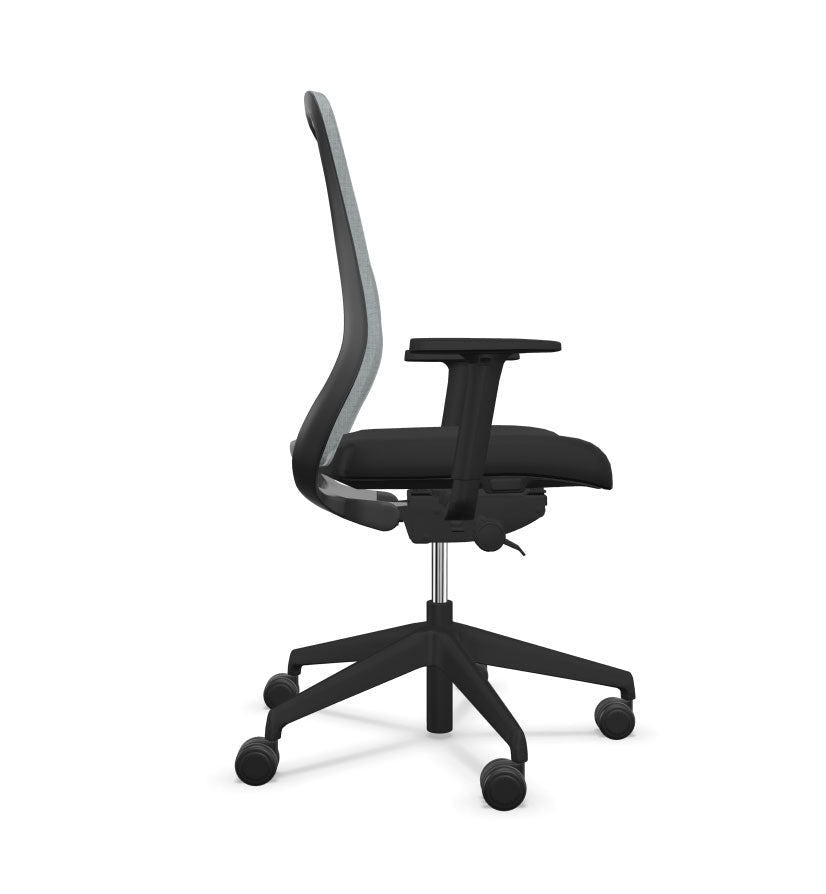 Black office chair with mesh backrest on a white background