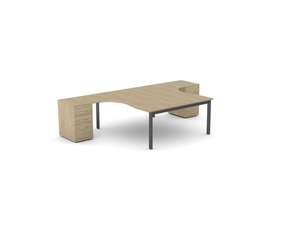 Switch 2 Person Crescent Desk & Desk High Pedestal, Open Leg Workstation - SKU: Complete product: S - 2PCRSC - LEO - T1812 - DHP/UO/ANC, Components: Tops: S - T1812R/UO, S - T1812L/UO, Beams 2x: S - B1800/ANC, Legs: S - LEO1600/ANC, Pedestals 2x: KIT - DHP3C/6/UO