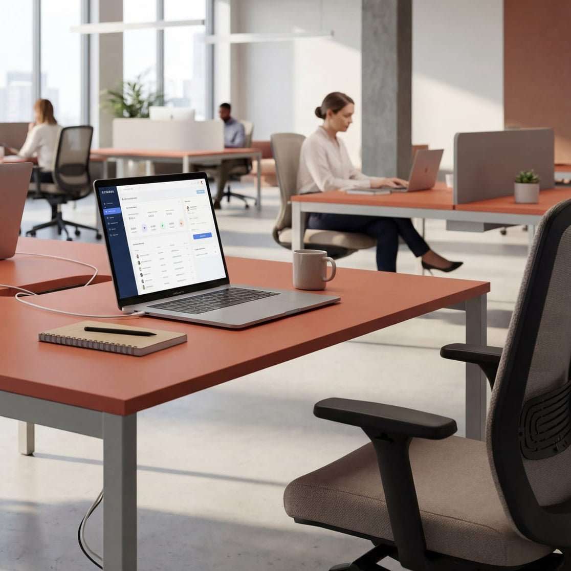 Modern office space with desks, chairs, and people working.