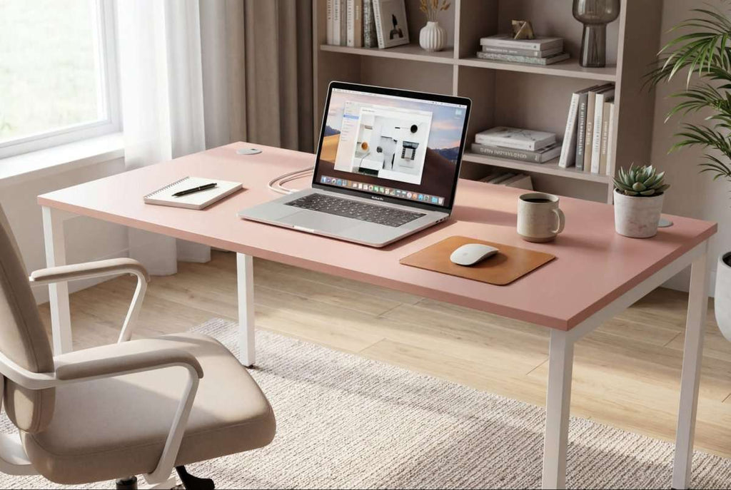 Pink office desk with laptop, chair, and decor in a bright room