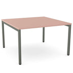 Rectangular table with a pink top and gray metal legs on a white background