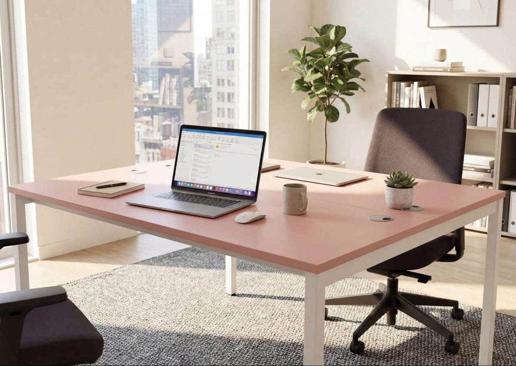 Modern office desk with laptop, chairs, and decor in a bright room with large windows.