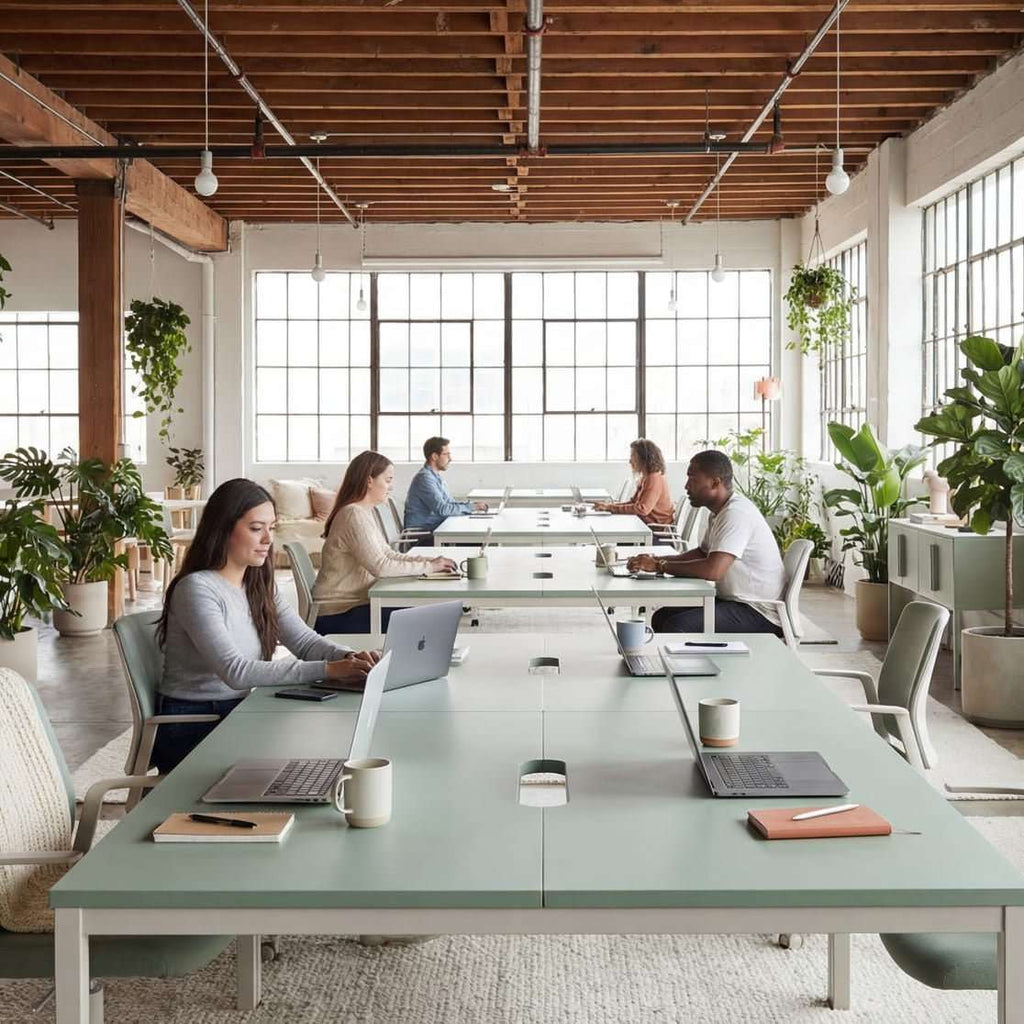 Modern office space with large windows, plants, and people working.