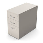 A three-drawer pedestal file cabinet with a light beige finish and silver handles, shown from an elevated perspective on a white background.