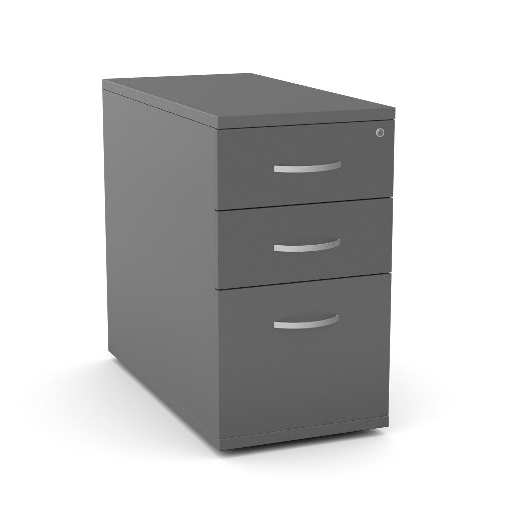 A three-drawer gray metal filing cabinet with silver drawer pulls, shown at a three-quarter angle on a white background.