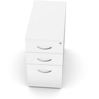 A white three-drawer pedestal file cabinet with curved silver drawer pulls, shown from an elevated angle on a white background.