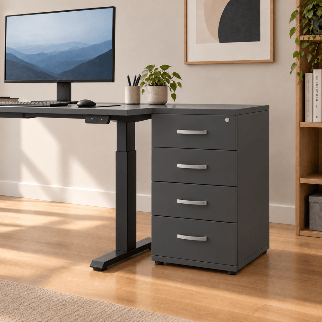 A dark gray standing desk with an integrated three-drawer file cabinet, shown in a modern home office setting with a computer monitor, keyboard, and potted plant.