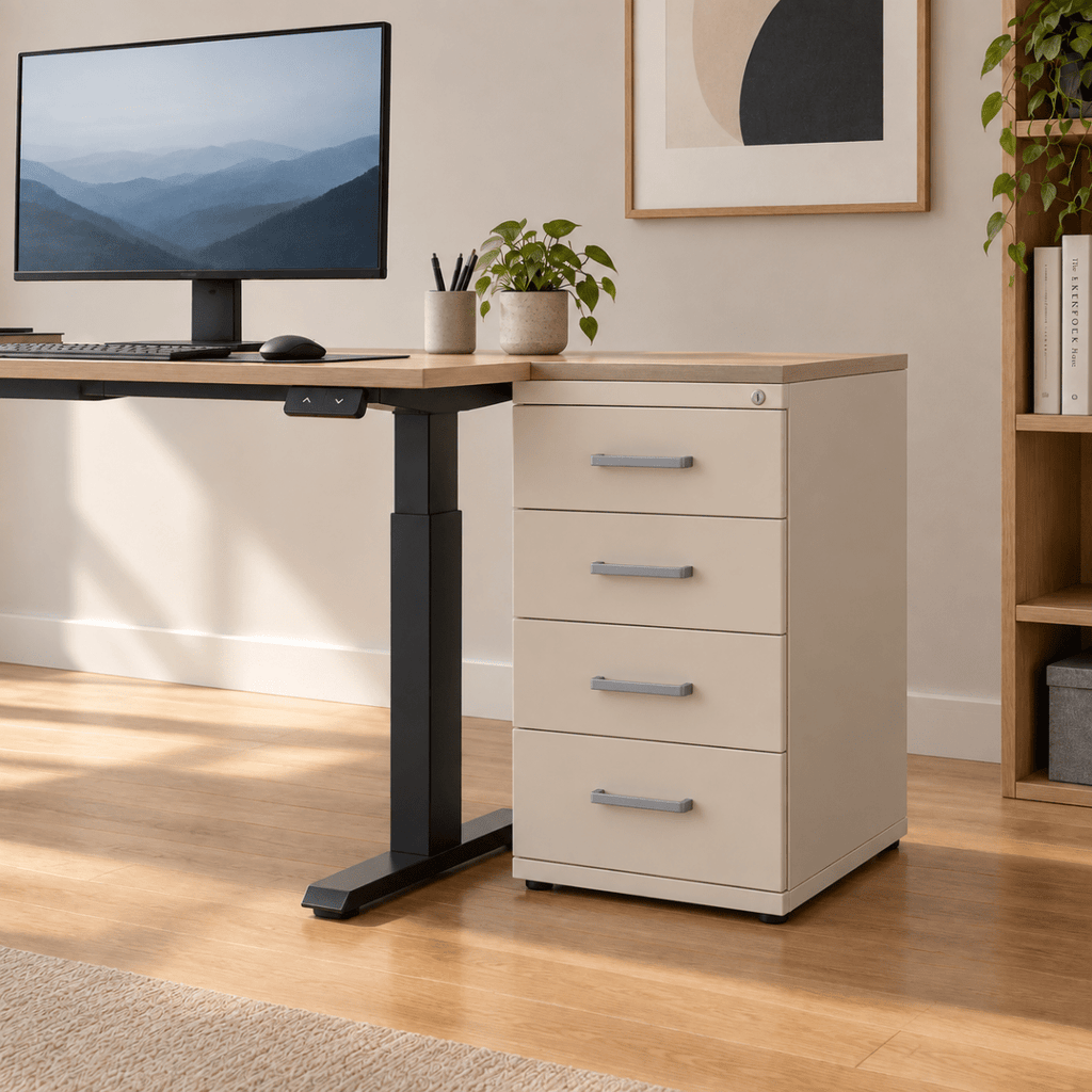A beige four-drawer filing cabinet with silver handles stands next to a standing desk in a bright home office setting with wood floors and a computer monitor on the desk.