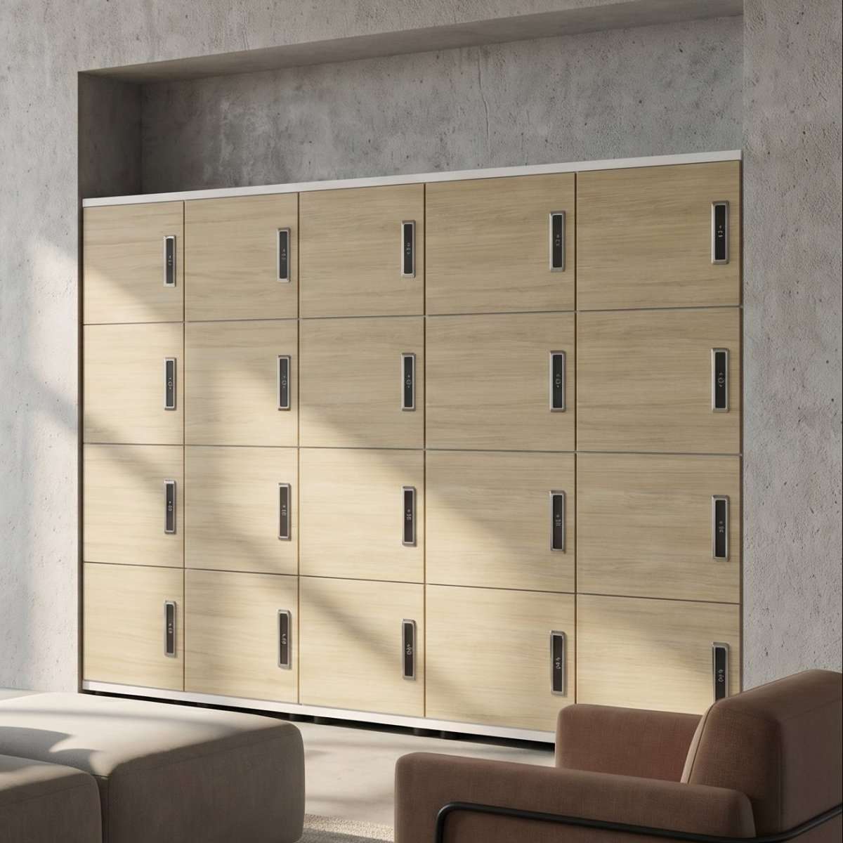 Wooden Locker With RFID Card Lock 42 D 40 W 153cm H Grey/White Carcase with Wooden Fronts