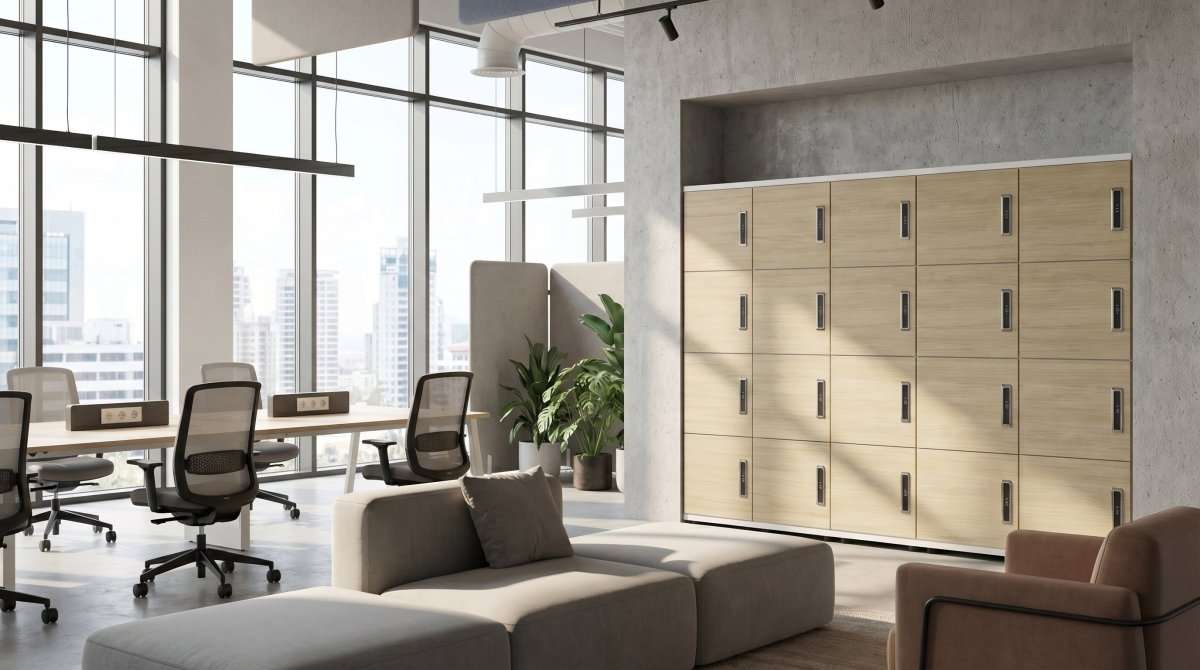 Wooden Locker With RFID Card Lock 42 D 40 W 153cm H Grey/White Carcase with Wooden Fronts