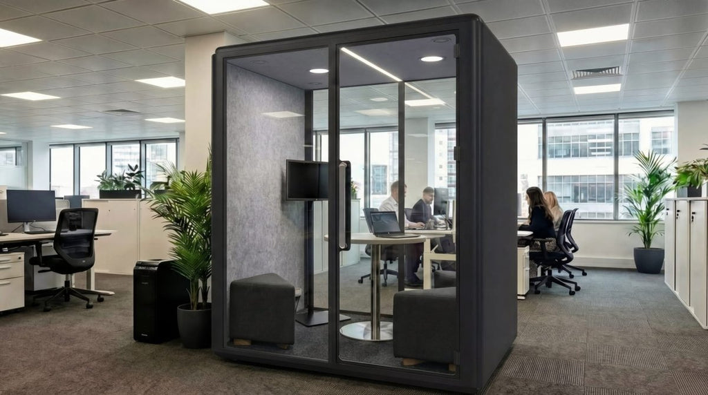 Modern office with a glass partitioned office pod and people working in the background.