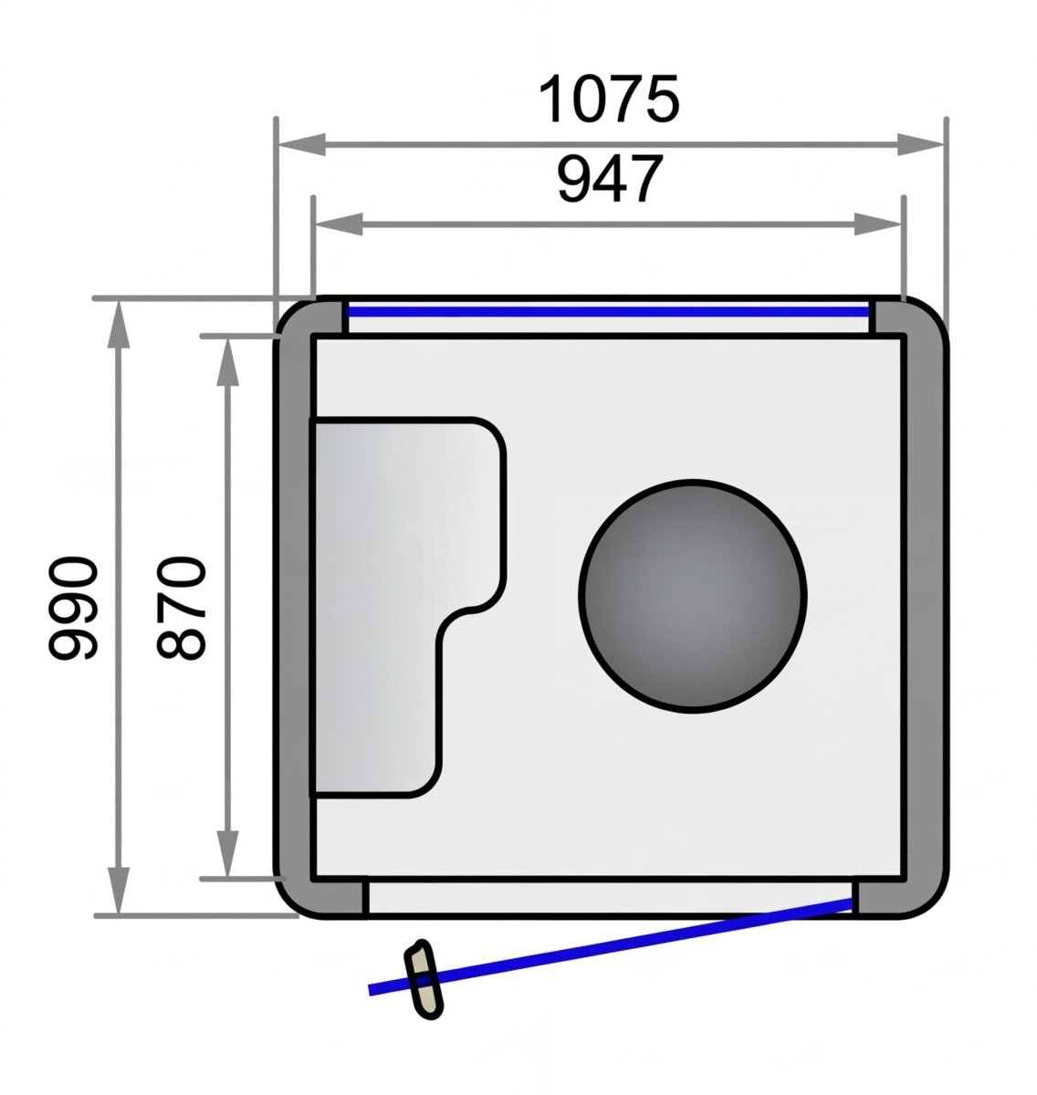 Technical drawing of a rectangular component with dimensions labeled