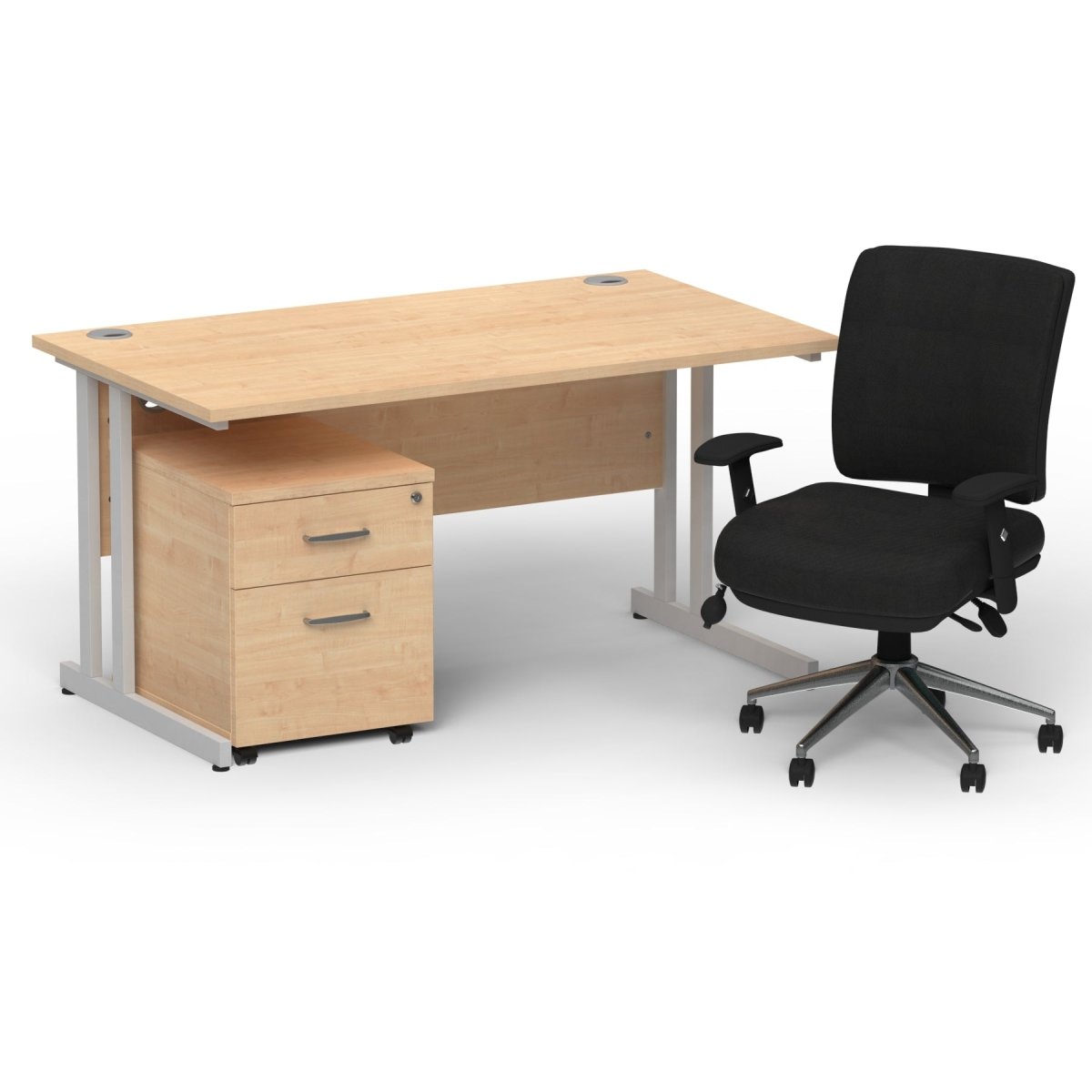 impulse-120mm-cantilever-straight-desk-with-mobile-pedestal-andoperator-chair Dynamic  Maple Desk Silver Leg