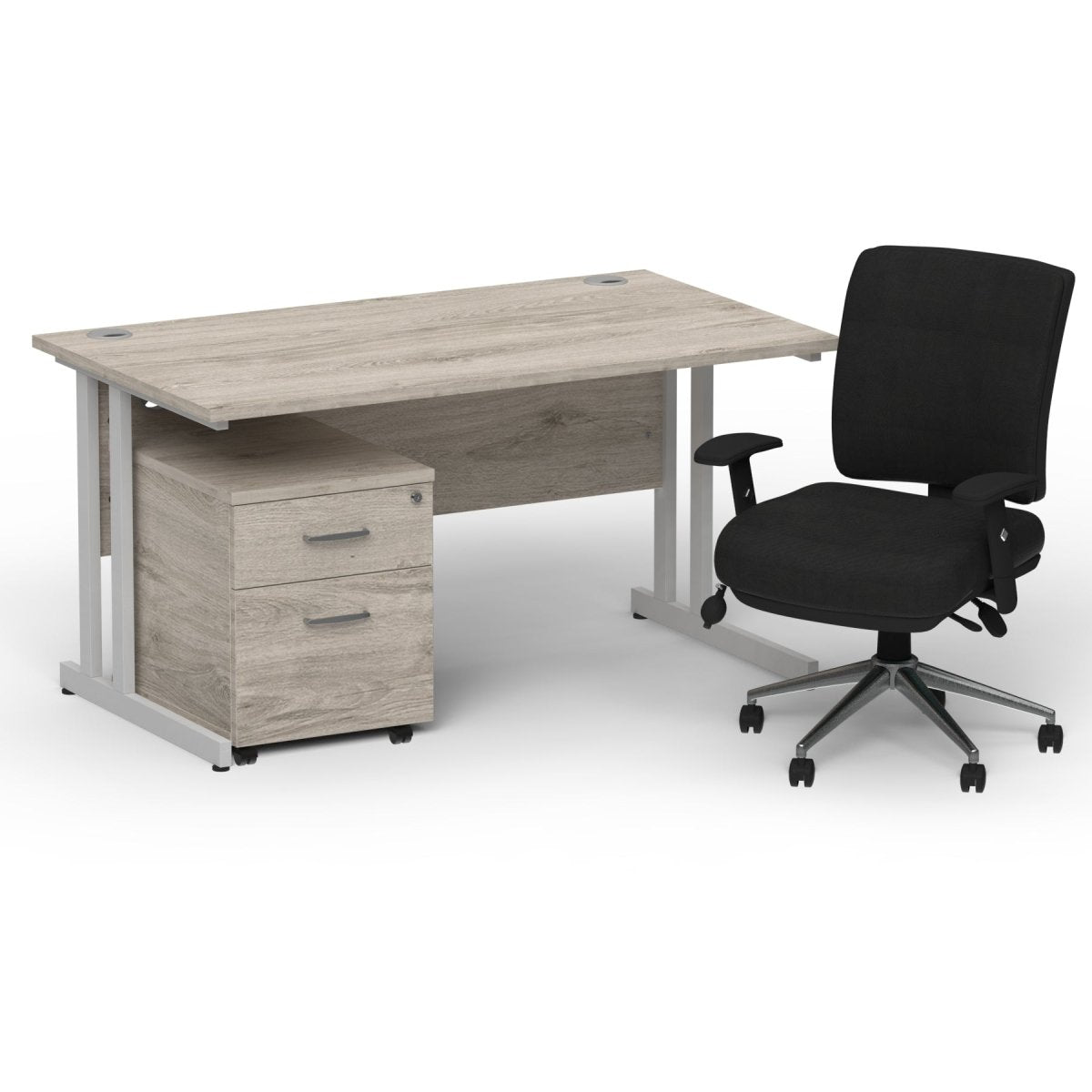 impulse-120mm-cantilever-straight-desk-with-mobile-pedestal-and-chiro-operator-chair Dynamic  White Desk Silver Leg