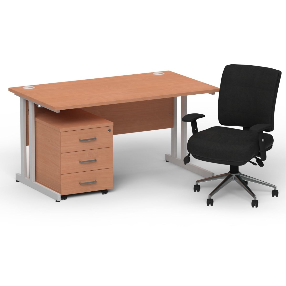 impulse-140mm-cantilever-straight-desk-with-mobile-pedestal-and-chiro-operator-chair Dynamic  Grey Oak Desk Silver Leg