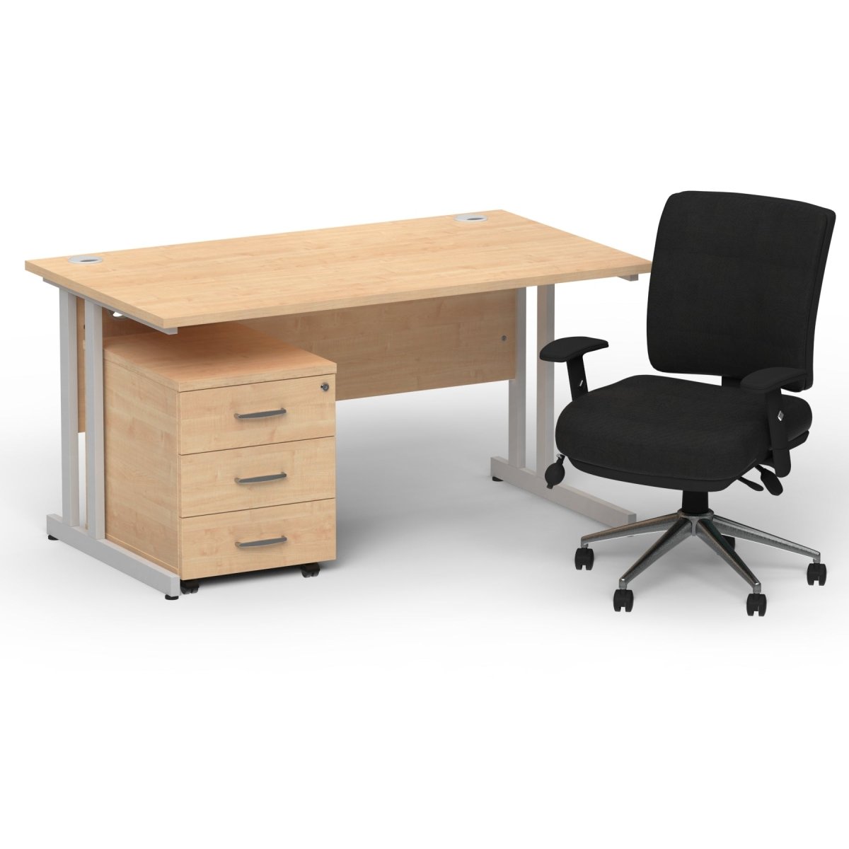 impulse-140mm-cantilever-straight-desk-with-mobile-pedestal-and-chiro-operator-chair Dynamic  Beech Desk Silver Leg