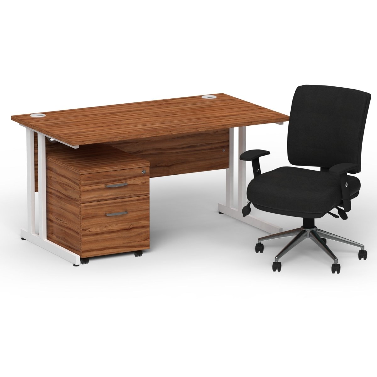 impulse-140mm-cantilever-straight-desk-with-mobile-pedestal-and-chiro-operator-chair Dynamic  Beech Desk White Leg