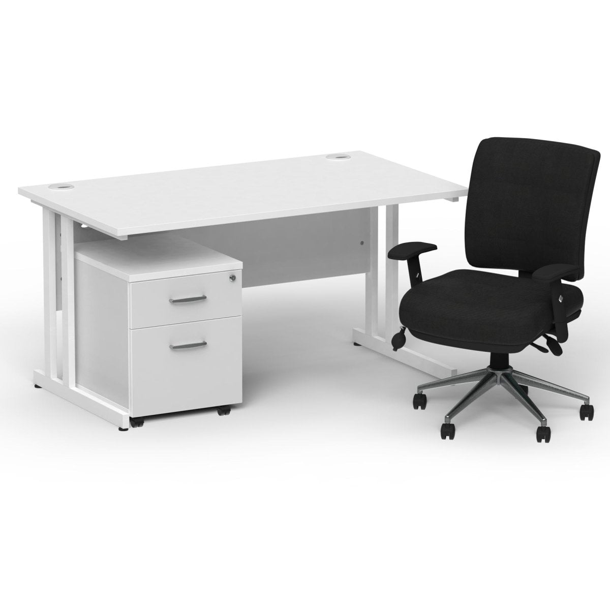 impulse-140mm-cantilever-straight-desk-with-mobile-pedestal-and-chiro-operator-chair Dynamic  Maple Desk White Leg