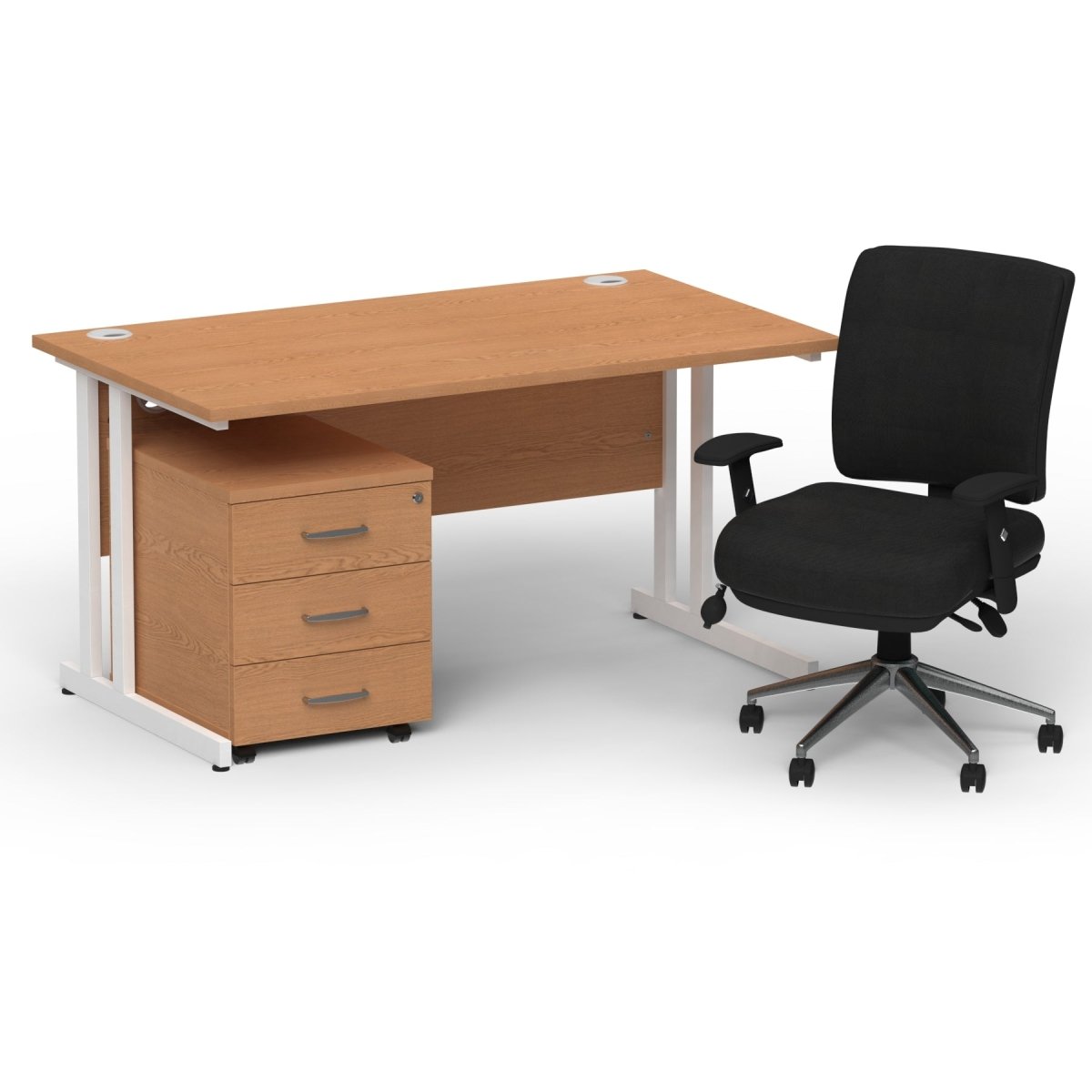 impulse-120mm-cantilever-straight-desk-with-mobile-pedestal-andoperator-chair Dynamic  Grey Oak Desk White Leg
