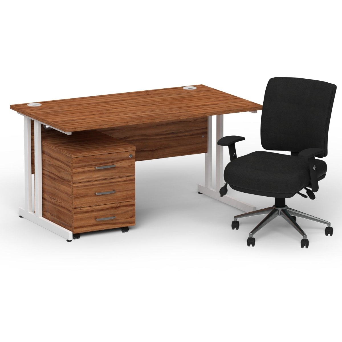 impulse-140mm-cantilever-straight-desk-with-mobile-pedestal-and-chiro-operator-chair Dynamic  Beech Desk White Leg