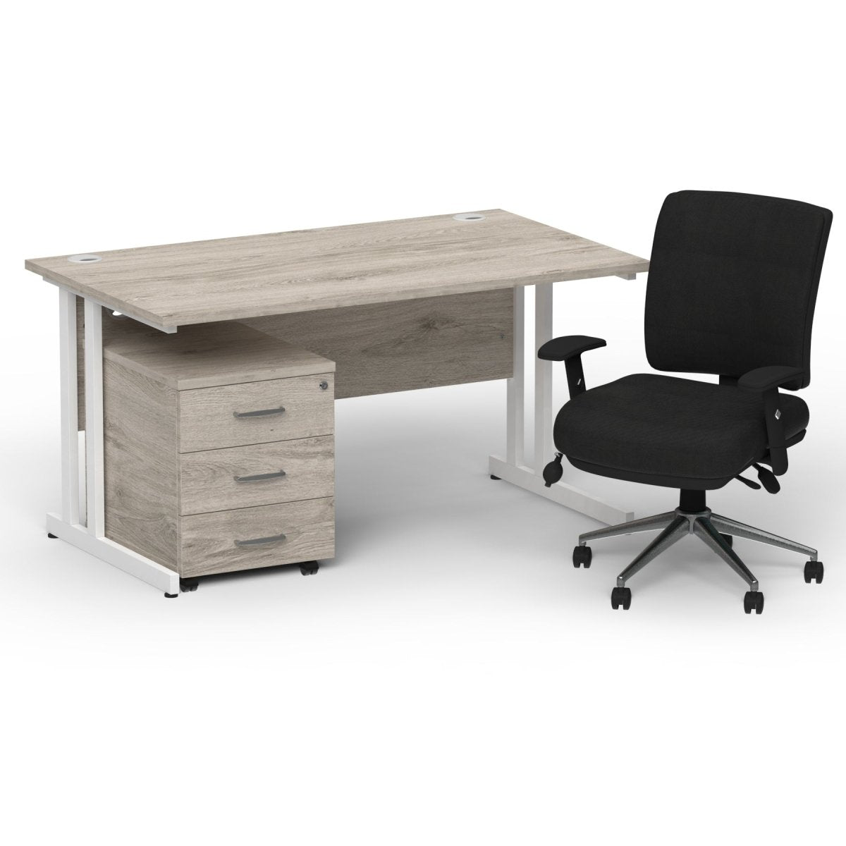 impulse-120mm-cantilever-straight-desk-with-mobile-pedestal-and-chiro-operator-chair Dynamic  Oak Desk White Leg