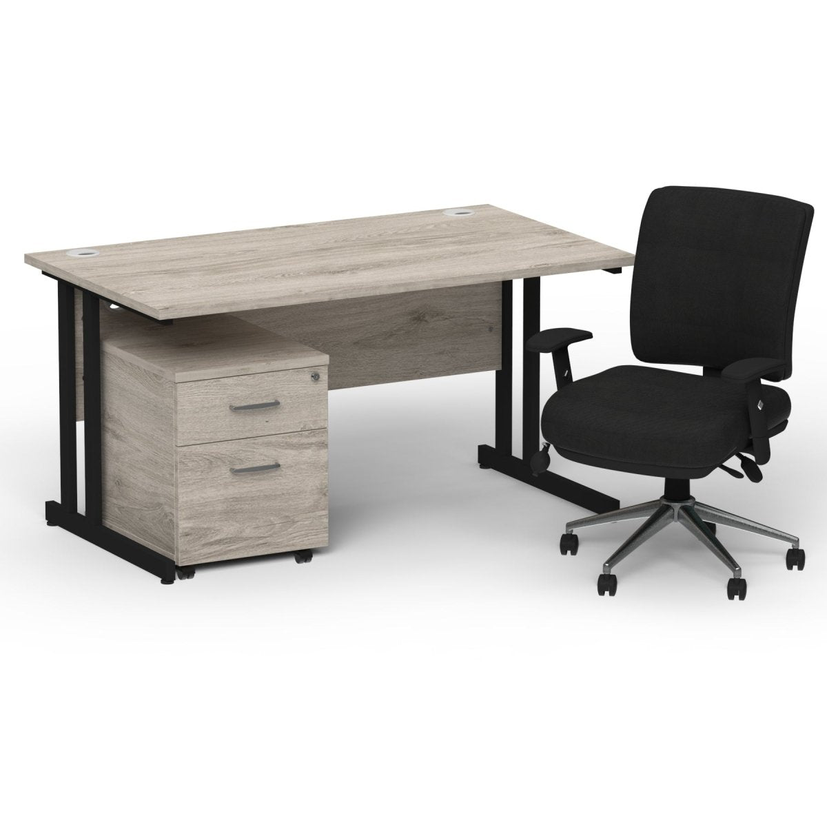 impulse-140mm-cantilever-straight-desk-with-mobile-pedestal-and-chiro-operator-chair Dynamic  Oak Desk Black Leg